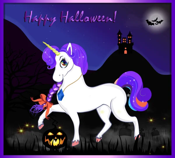 Happy Halloween Cartoon Wenskaart Voor Schattig Magical Unicorn Met Paarse — Stockvector