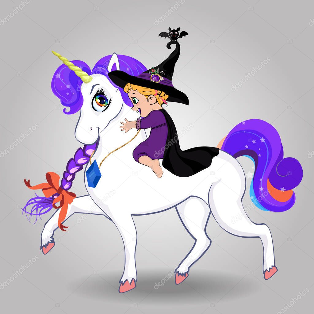 Cute baby witch girl in black hat and purple costume riding beautiful magical unicorn on white. Halloween vector clip art characters for greeting card, kids design, t-shirt print, book illustration