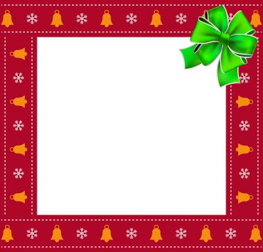 Sevimli Noel ve yeni yıl kare kenarlık, beyaz arka plan üzerinde izole çan ve kar taneleri desen ve yeşil şenlikli şerit ile fotoğraf çerçevelemek. Vektör çizim, fotoğraf çerçevesi, kopya alanı şablonu.