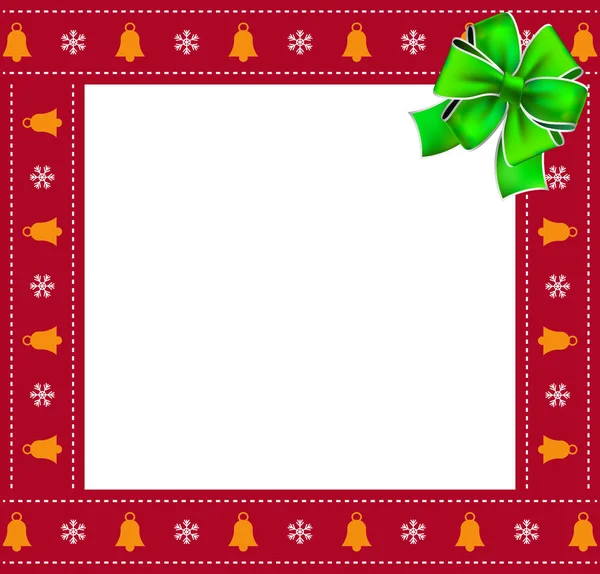 かわいいクリスマスまたは新年の正方形枠 鐘と雪の結晶パターンと緑お祝いリボン白い背景で隔離のフォト フレーム ベクトル図 フォト フレーム コピー スペース テンプレート — ストックベクタ