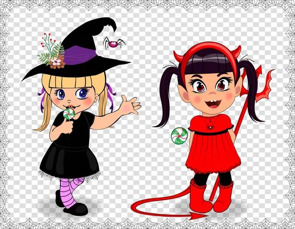 Zeichentrickfiguren Kleiner Niedlicher Mädchen Halloween Kostümen Die Mit Spinnweben Umrahmt — Stockvektor