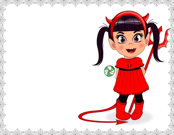 Vector Desenho Animado Ilustração Pequena Menina Kawaii Impertinente Vermelho Diabo — Vetor de Stock