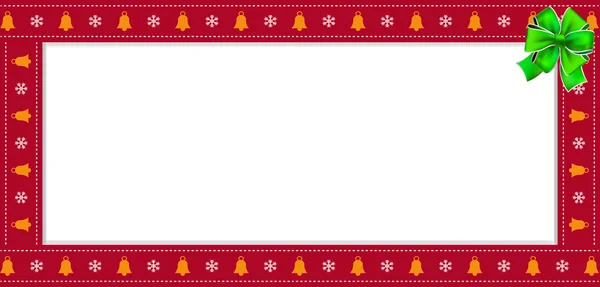 かわいいクリスマスまたは新年の赤い四角形のバナー 鐘と雪片のパターンと白い背景の上にお祝いの緑リボン フレーム ベクトル イラスト バナー コピー スペース テンプレート — ストックベクタ