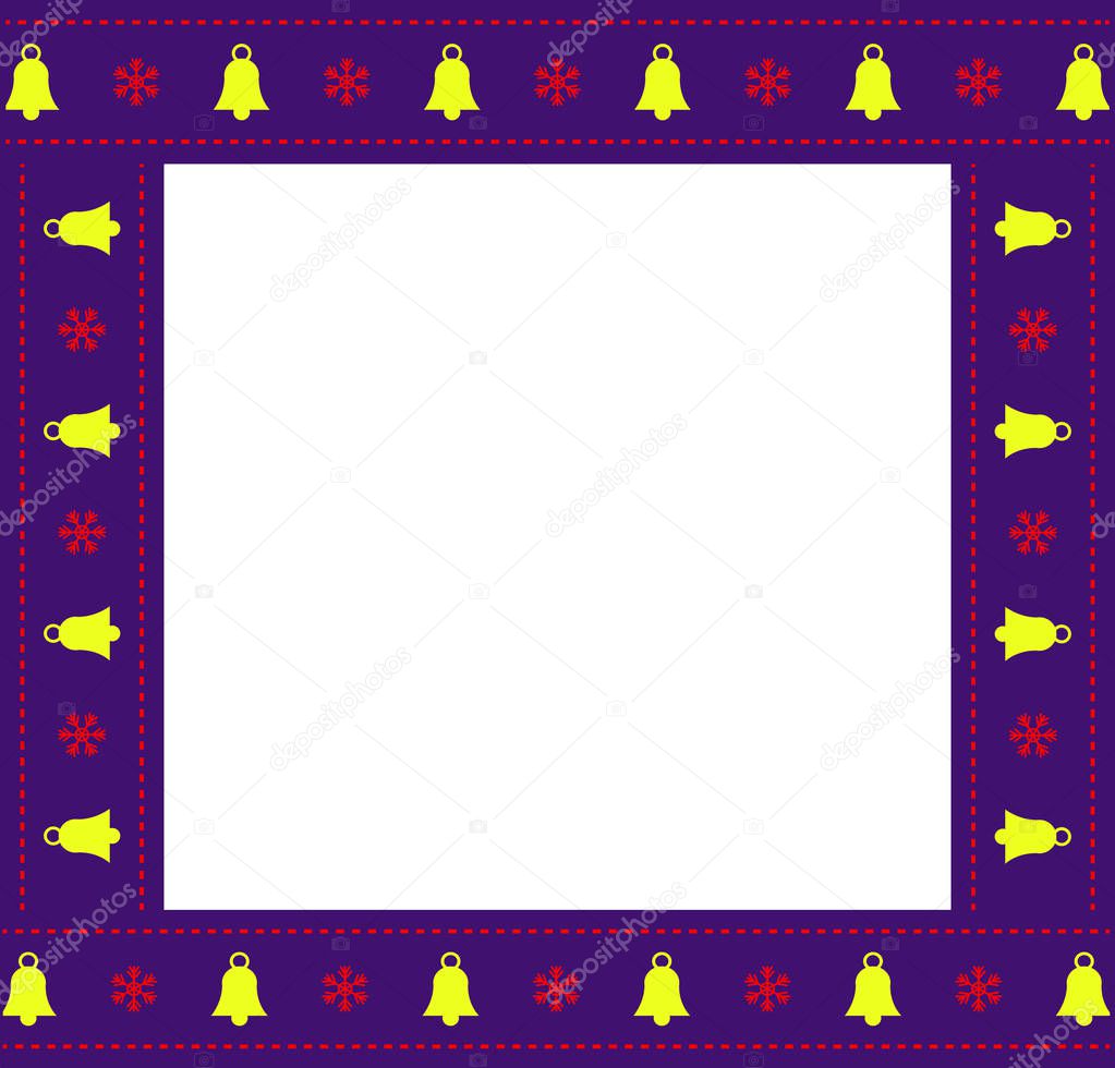 Cute Christmas or new year festive square border, photo frame with bells and snowflakes lace pattern on ribbon isolated on white background. Vector illustration, photoframe, template with copy space.