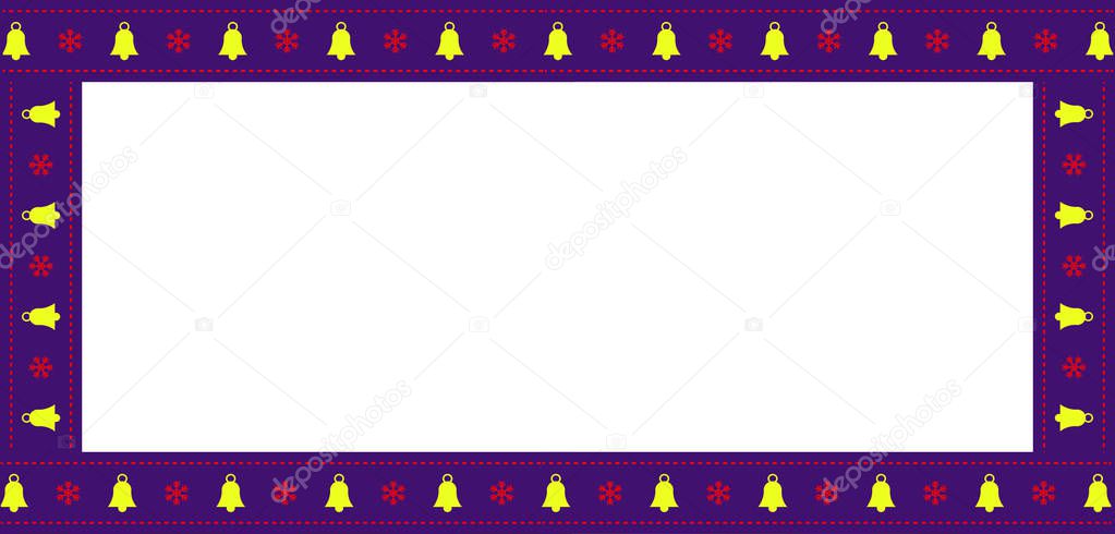 Cute Christmas or new year rectangle billboard, border, frame with bells and snowflakes pattern isolated on white background. Vector illustration, banner, template, signboard with copy space.