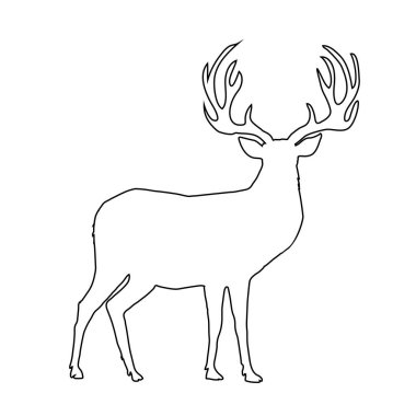 Büyük boynuzlu beyaz arka plan üzerinde izole Ren geyiği siluet siyah anahat. Vektör illüstrasyon, simge, küçük resim, işaret, sembol geyik için tasarım, kitap sayfa boyama.