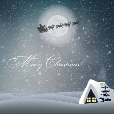 Neşeli Noel tebrik kartı sevimli kış karlı gece manzara sahne ile şirin küçük ev, köknar ağacı altında ay ışığı ve kar, Noel Baba kızak sürme. Vektör çizim, poster, xmas kartpostal