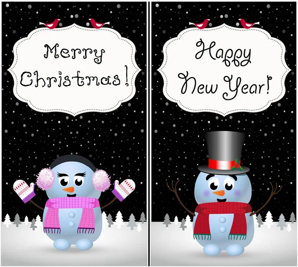 Рождеством Новым Годом Открытки Набор Kawaii Маленький Снеговик Снеговик Зимнем — стоковый вектор