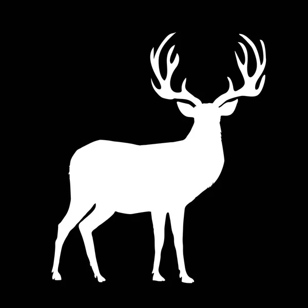 黒い背景に分離した大きな角のトナカイの白いシルエット ベクターのイラスト アイコン 鹿のシンボル — ストックベクタ