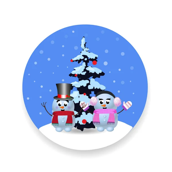 크리스마스 라운드 귀여운 Snowgirl 눈사람 크리스마스 배경에 일러스트 아이콘 스티커 — 스톡 벡터