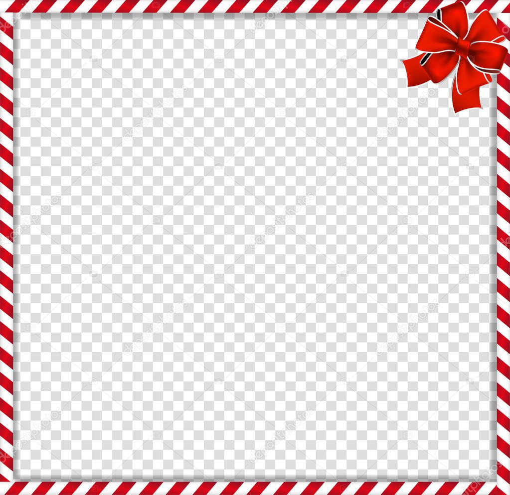 Christmas, new year cane photo frame with red and white striped lollipop pattern and festive bow in the corner isolated on transparent background. Holiday xmas border. Vector illustration, template.