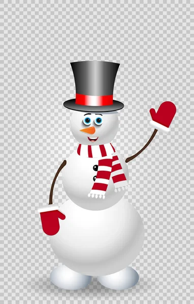 Cute Cartoon Snowman Character Top Hat Red Striped Scarf Mittens — Stock Vector