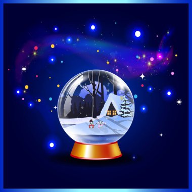 Kar kristal küre huzurlu kış gece karlı manzarası ve sevimli küçük bir evde orman ve iki neşeli kardan adam ve büyülü parlayan parıldıyor. Vektör Noel ve yeni yıl çizim.