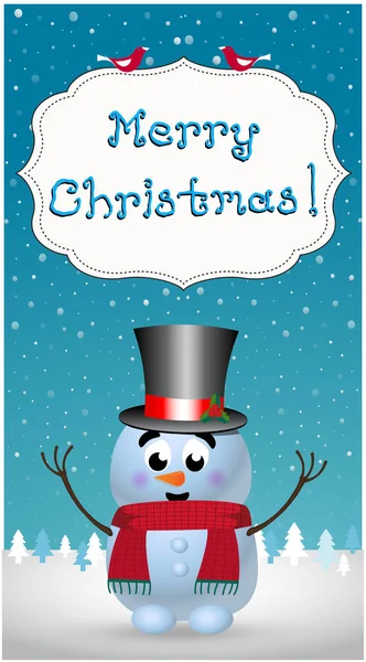 Merry Christmas Wenskaart Van Leuke Vrolijke Sneeuwpop Personage Uit Hoge — Stockvector