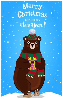 Mutlu Noeller, mutlu yeni yıl tebrik kartı örme şapka ve atkı karlı kış manzara arka planda, hediye kutusu ile sevimli çizgi neşeli ayı karakterin yazı. Vektör çizim.