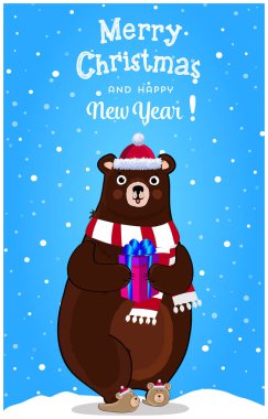 Mutlu Noeller, mutlu yeni yıl tebrik kartı santa şapka ve kırmızı eşarp karlı kış manzara arka planda, hediye kutusu ile sevimli çizgi neşeli ayı karakterin yazı. Vektör çizim.