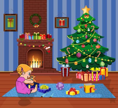 Sevimli çizgi vektör çizim kawaii küçük kız açık hediye kutuları ile hediyeleri Noel ağacı ve şömine ile dekore edilmiş oturma odasında bebeğim. Neşeli Noel, yeni yıl sahne için tebrik kartı.