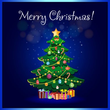 Sevimli çizgi köknar ağacının neşeli Noel tebrik kartı. Yıldız dekorasyon, toplar, çelenk ve şenlikli yazı ile parlayan sihirli parlayan arka plan mevcut kutulara bir sürü. Vektör çizim.