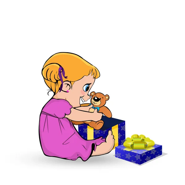 可爱的小卡瓦伊女婴字符在粉红色的礼服打开礼品盒与泰迪熊玩具礼物坐在地板上孤立的白色背景 矢量剪贴画 用于贺卡设计的元素 — 图库矢量图片