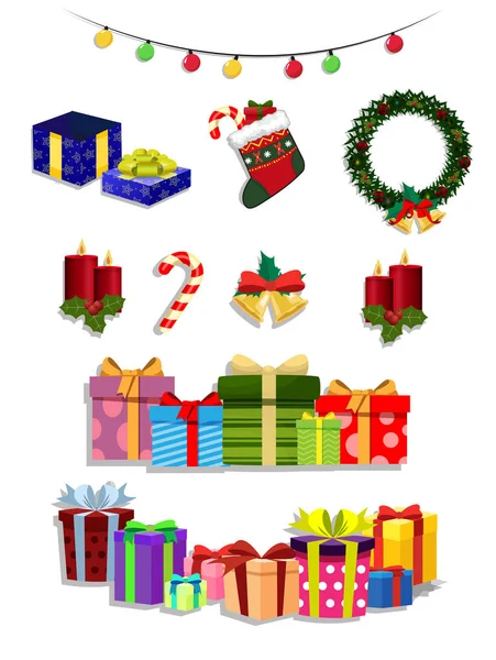 Conjunto Natal Vetorial Atributos Festivos Desenhos Animados Bonitos Isolados Fundo —  Vetores de Stock