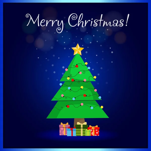 Merry Christmas Wenskaart Van Schattige Cartoon Fir Tree Ster Decoraties — Stockvector