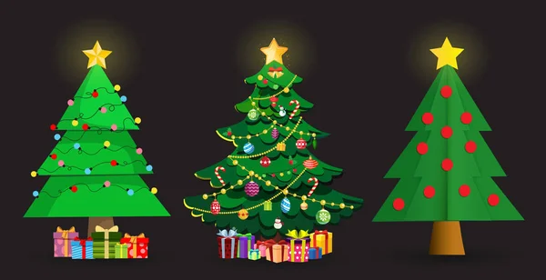 Conjunto Lindos Abetos Navidad Dibujos Animados Decoraciones Estrellas Bolas Guirnaldas — Vector de stock