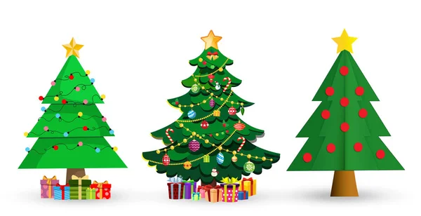 Sevimli çizgi Noel köknar ağaçları kümesi. Yıldız dekorasyon, toplar, çelenk ve hediye kutuları Isolated beyaz arka plan üzerinde bir sürü. Vektör çizim, Ladin küçük resim, öğeleri tebrik kartı tasarımı için