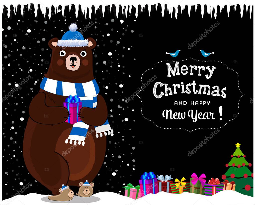 Merry christmas, happy new year greeting card of cute cartoon cheerful bear character in santa hat and scarf with gift box on snowy winter night landscape background, typography. Vector illustration.