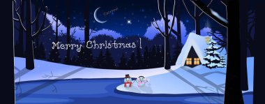 Kış karlı gece manzara çekimi ile orman ve ay ışığı altında sevimli kardan adamlar küçük bir evde, neşeli Noel tebrik kartı. Vektör çizim, afiş, poster, kartpostal.
