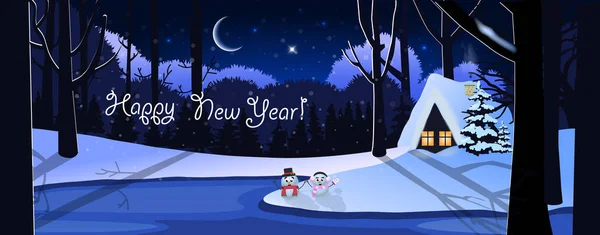 Frohes Neues Jahr Grußkarte Von Winter Verschneiten Nacht Landschaft Szene — Stockvektor