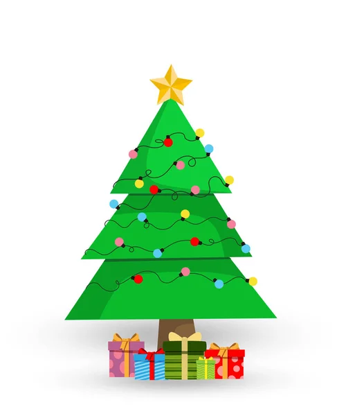 Sevimli Çizgi Noel Köknar Ağacı Birçok Hediyeler Ile Dekore Edilmiş — Stok Vektör