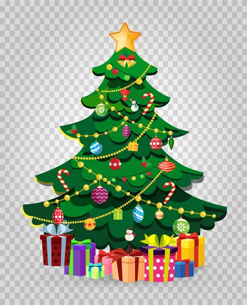かわいい漫画には 多くの贈り物とプレゼント ボックス クリスマスのモミの木が飾られています ボール 透明な背景に分離をガーランドします ベクター イラスト スプルース クリップ — ストックベクタ