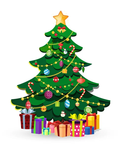 Sevimli çizgi Noel köknar ağacı birçok hediyeler ve mevcut kutuları ile dekore edilmiştir. Star, topları, göl kenarında beyaz arka plan üzerinde çelenk. Vektör çizim, Ladin küçük resim, öğe için tebrik kartı