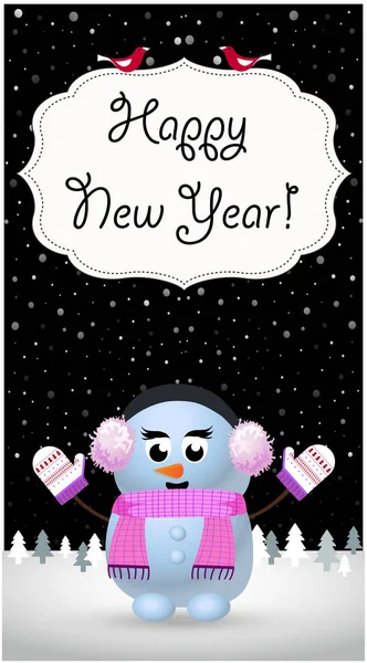 Frohes Neues Jahr Grußkarte Von Niedlichen Cartoon Fröhlichen Schneemädchen Charakter — Stockvektor