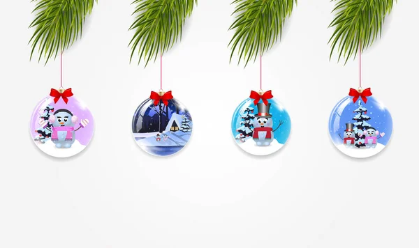 クリスマスと新年のボールでクリスマス ツリーの枝のベクター セット リボン ホワイト バック グラウンド上に分離されて飾られています 集クリップ アート アイコン — ストックベクタ