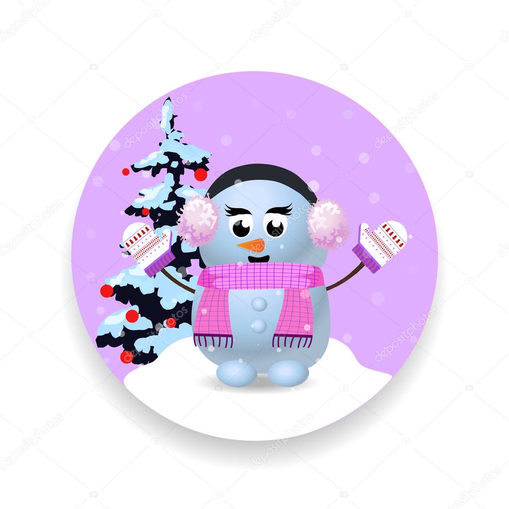 Christmas, new year round sign icon with cute cartoon character snowman girl in ear muffs, fir tree isolated on white background. Vector illustration, icon, sticker, clip art, button, design element.