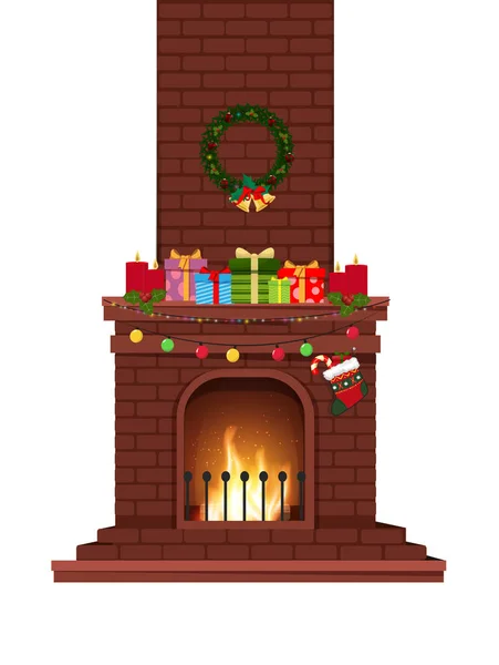 漫画には プレゼント リース 白い背景で隔離のろうそくの燃える燃える暖炉が飾られています クリスマスやお正月のイラスト クリップアート グリーティング カードのデザインの要素をベクトルします — ストックベクタ