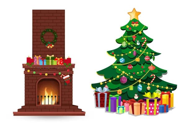 白い背景で隔離の多くの贈り物で飾られた燃焼火災場所ともみクリスマス ツリーのセットを漫画します クリスマスやお正月のイラスト クリップアート グリーティング カードのデザインの要素をベクトルします — ストックベクタ