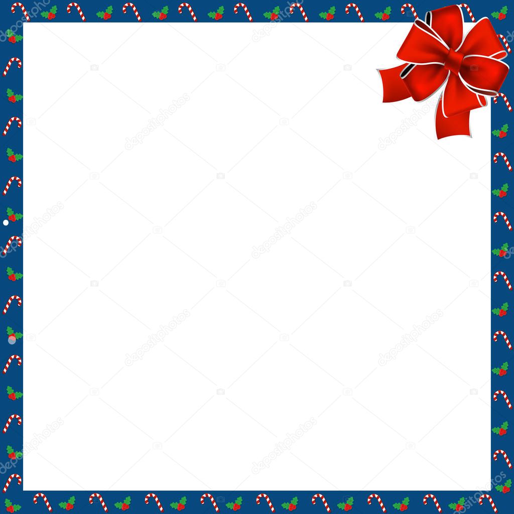 Cute Christmas or new year border with xmas candy cane and berries pattern and red festive bow on white background. Vector square template, photo frame, scrapbooking element, empty copy space.