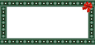 Vektör dikdörtgen şablon, çerçeve, afiş, billboard, tabela, kopya alanı. Kar taneleri desen süsleme ve kırmızı şenlikli şerit üzerinde beyaz arka plan ile sevimli Noel ve yeni yıl yeşil sınır çerçeve.