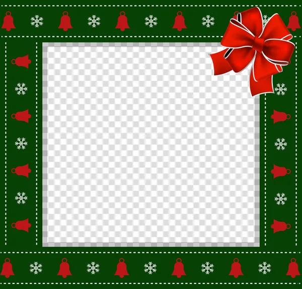 かわいいクリスマスまたは新年緑枠クリスマス雪の結晶と鐘パターン飾りと赤お祭り弓で透明な背景に 正方形のテンプレート 写真フレーム スクラップ ブック コピー領域をベクトルします — ストックベクタ