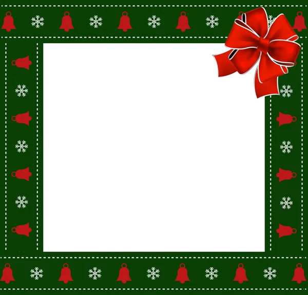 かわいいクリスマスまたは新年緑枠クリスマス雪の結晶と鐘パターン飾りと赤お祭り弓で白い背景の上 正方形のテンプレート 写真フレーム スクラップ ブック要素 コピー領域をベクトルします — ストックベクタ