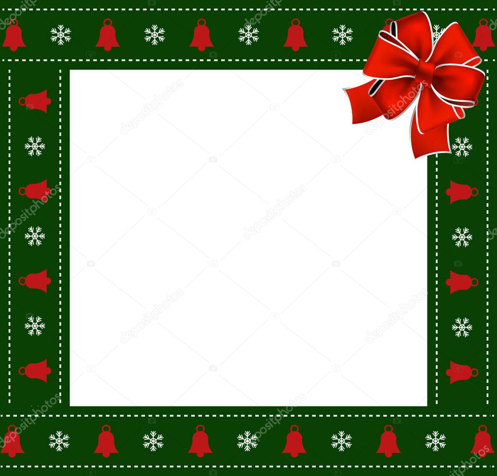 Cute Christmas or new year green border with xmas snowflakes and bells pattern ornament and red festive bow on white background. Vector square template, photo frame, scrapbook element, copy space