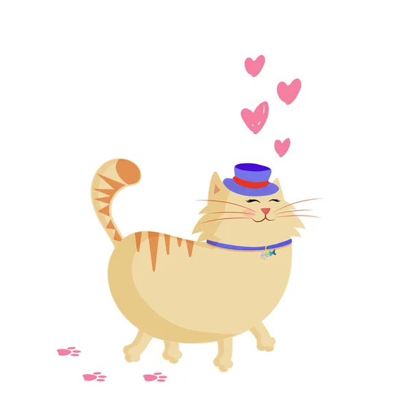 Vector illustration of cute cartoon ginger male cat boy character in top hat walking with smiling face and hearts around. Valentine cat in love isolated on white background greeting card clip art.