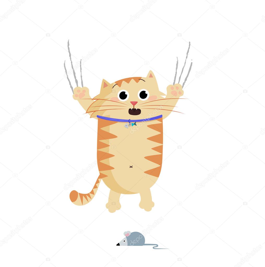 Vector illustration of cute cartoon ginger cat character frightened and escaping of mouse bangles being scary. Crying pet clip art isolated on white background. Naughty cat's life routine situation.