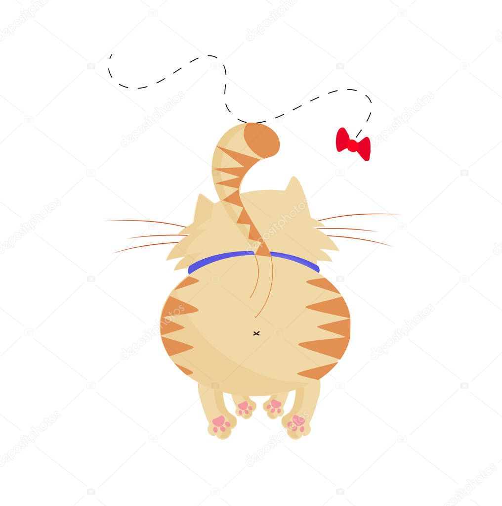 Vector illustration of cute cartoon ginger male cat boy character back side view playing with butterfly toy trying to catch it isolated on white background. Naughty cat's life routine situation.