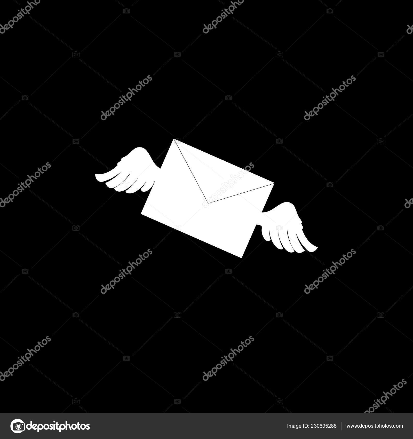 White Silhouette Closed Envelope Wings Flying Letter Sign Isolated