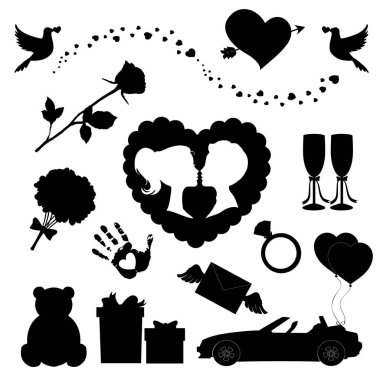 Vektör love Icons set 14 düzenlenebilir dolu Sevgililer siluet işaretleri. Oyuncak ayı, kalp, balonlar, ok kalp, gül, öpüşme kaç, sadece evli araba, balonlar, ring, avuç, gözlük güvercinler