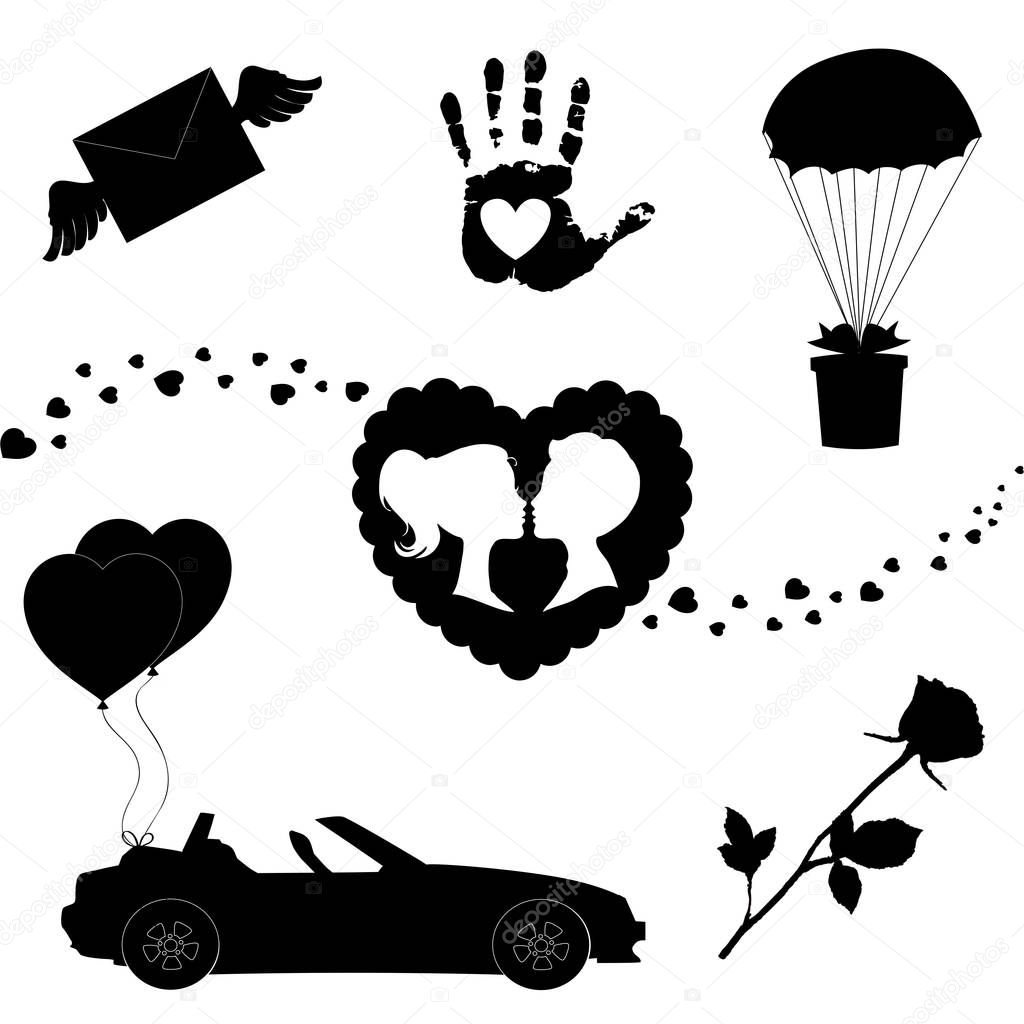 Vector love icons set of 7 editable filled valentine silhouette signs isolated on white background. Heart, balloons, rose, kissing couple, just married car, open palm, falling parachute with a gift.