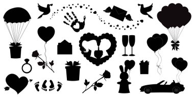 Vektör love Icons set 20 düzenlenebilir dolu Sevgililer siluet işaretleri. Kalp, balonlar, ok kalp, rose çift, Öpüşme, halka, sadece evli araba, balonlar, avuç, Gözlük, güvercinler harf mevcut